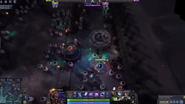 Dota 2 Anti-Mage with red targeting ring and ability cooldown tags